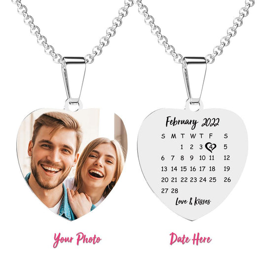 Heart Photo Calendar Engraved Tag Necklace With Engraving Stainless Steel Gifts for Her